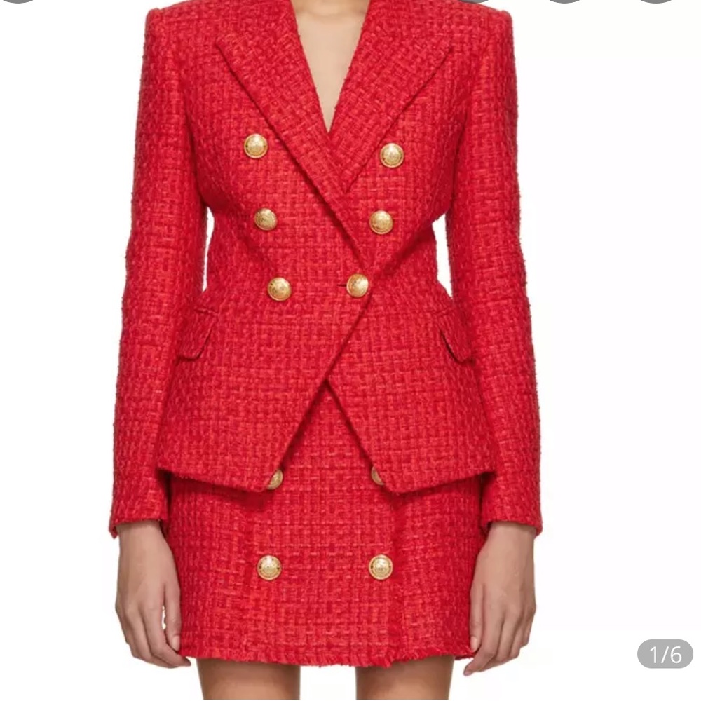Red Tweed Skirt Suit